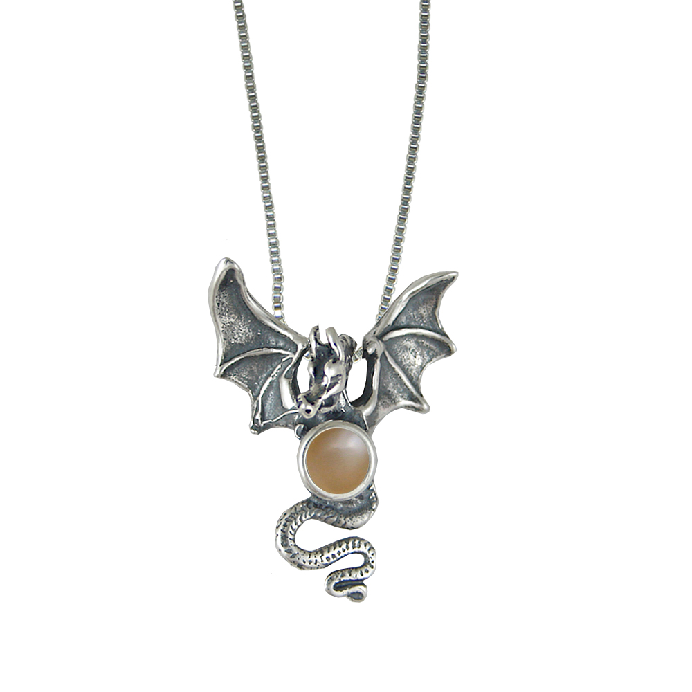 Sterling Silver Dragon of Protection Pendant With Peach Moonstone